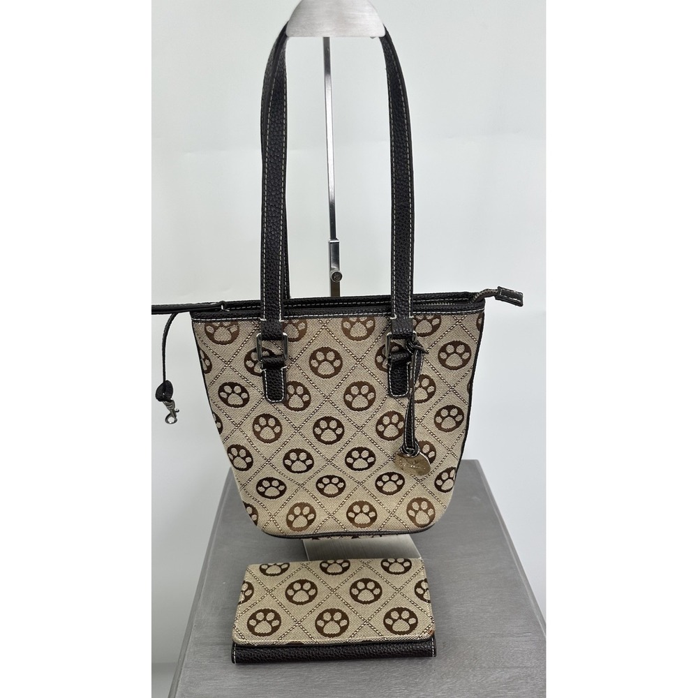 Blossom Puppy Dog Paws Print Shoulder Purse Bag Brown With Wallet 10x10 Pockets